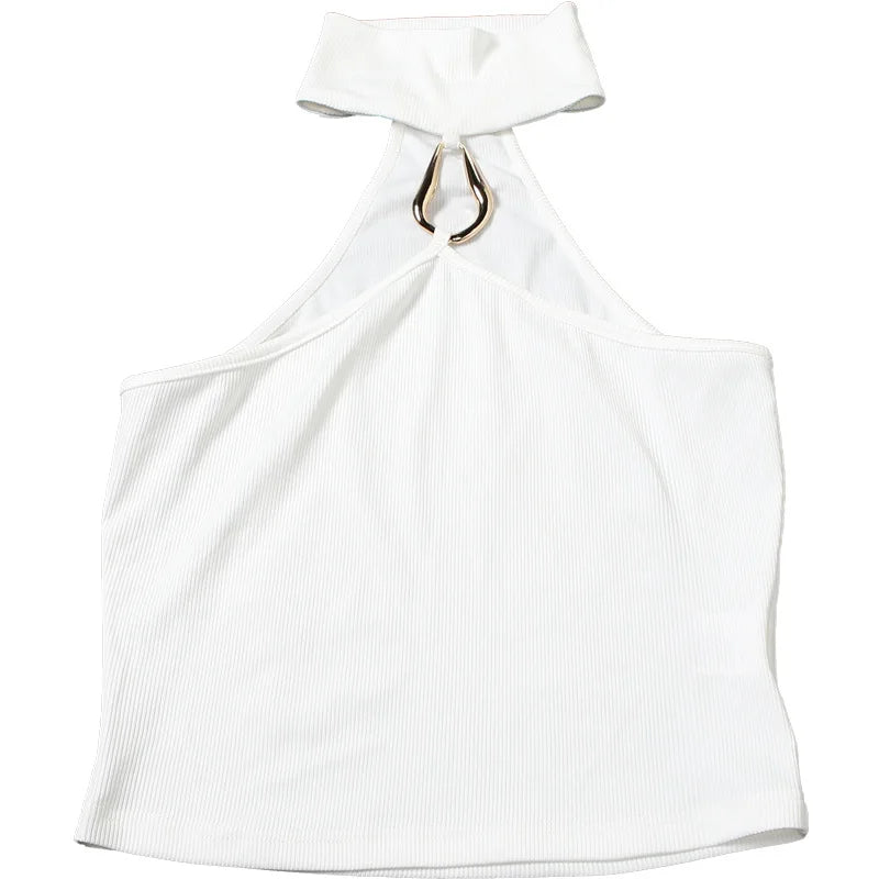 Metal Buckle Decoration Tank Tops Women Turtleneck Off Shoulder Skinny Stretch Street Fashion Wild Style Solid Outfits