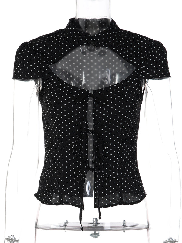 Dulzura Women'S Sexy Hollow Out Short Sleeve Lace Up Polka Dot T-Shirt Vintage Casual Y2K Top Party Club Street Summer Clothes