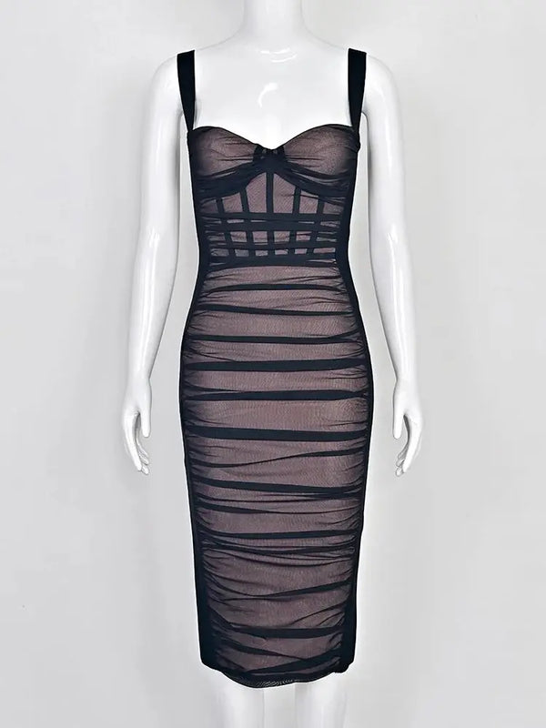 BEAUKEY Sexy Vintage Black Bandage Dress 2025 For Women Summer Draped Spaghetti Split Contrast Bodycon Dress XL Paded Vestido