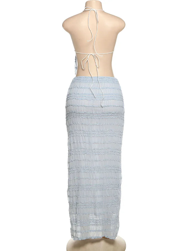 Oksana Sheer Crinkle Mesh Halter Lace-Up Crop Top & Maxi Skirt Two-piece
