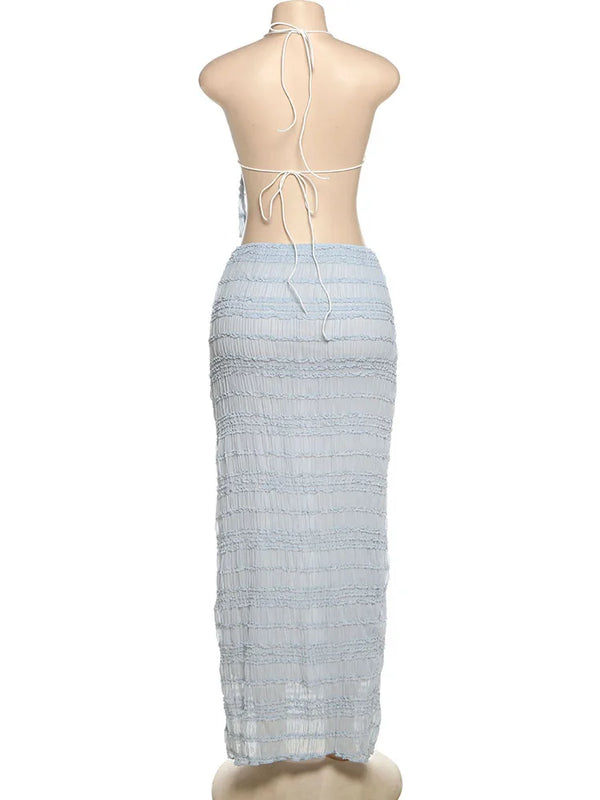 Oksana Sheer Crinkle Mesh Halter Lace-Up Crop Top & Maxi Skirt Two-piece