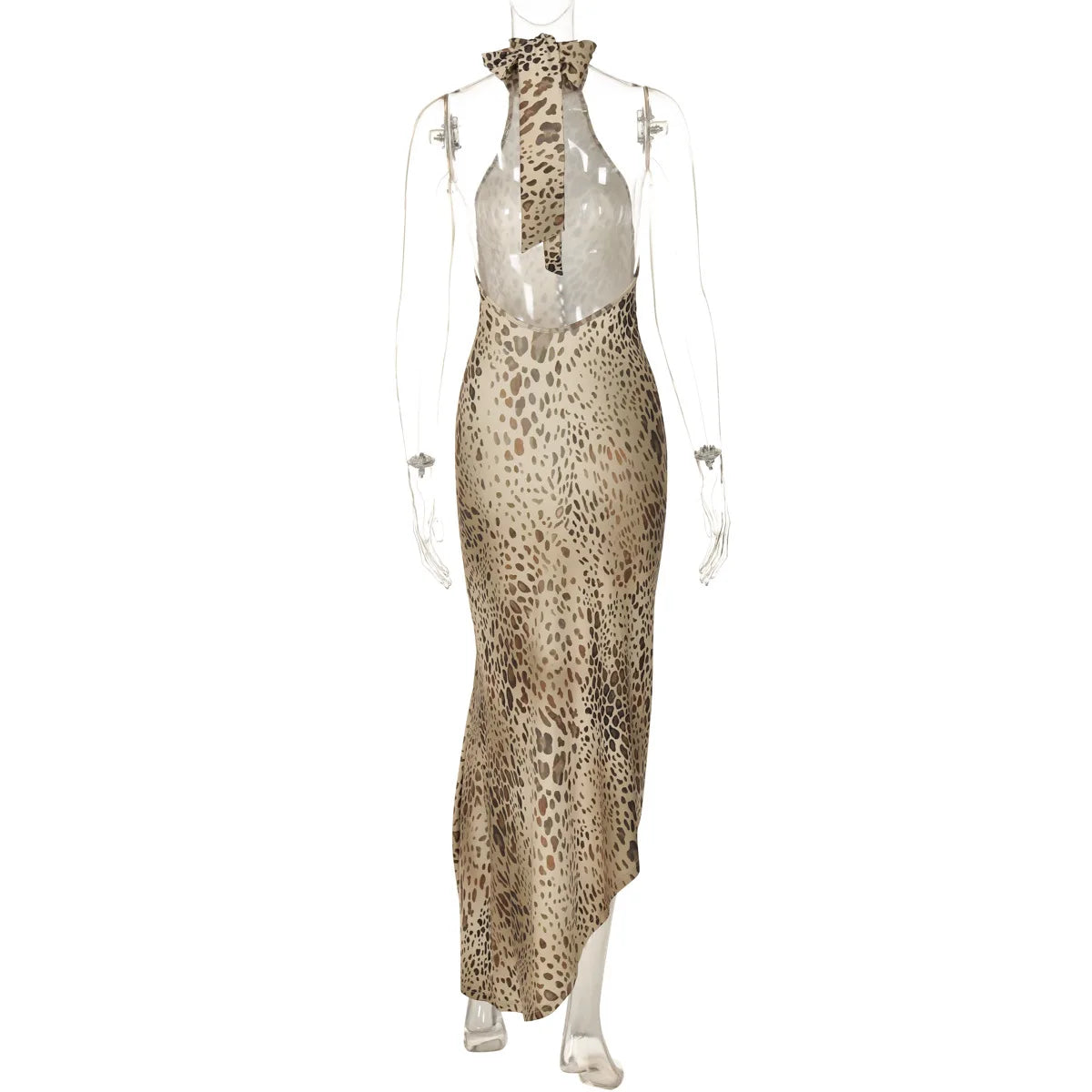Leopoldine Leopard Print Halter Backless Bodycon Maxi Dress