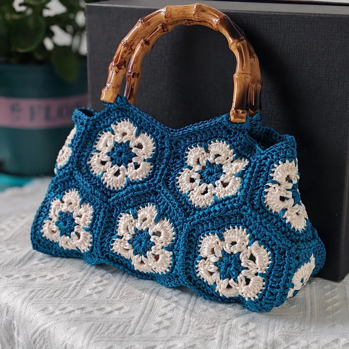 Wilhelmina Handmade Crochet Granny Square Tote Bag with Bamboo Handle