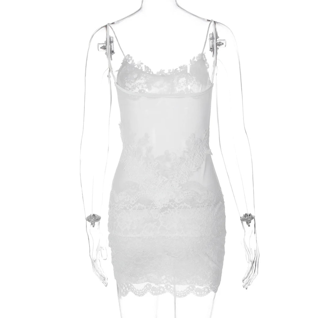 Verbena Sheer Lace Appliqué Mesh Cami Bodycon Mini Dress
