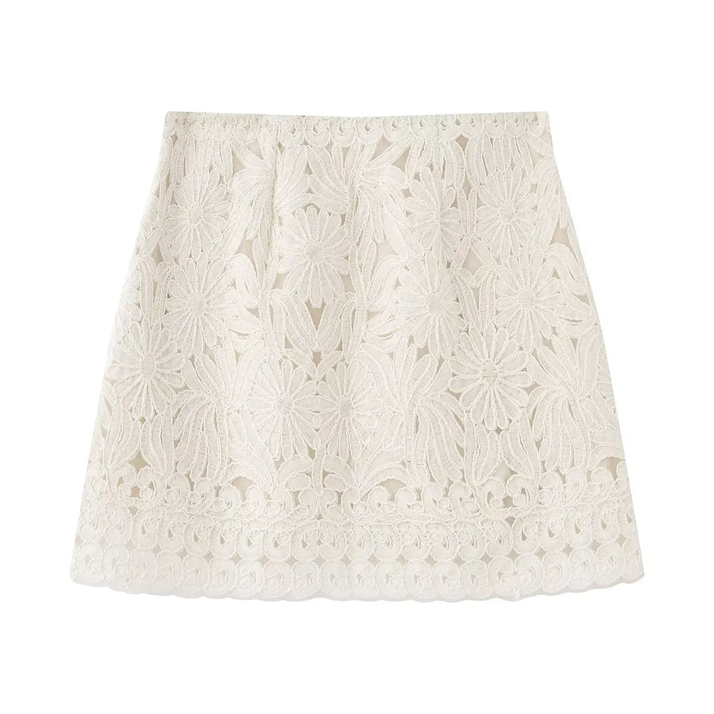 Evangelina Embroidered Lace Bell-Sleeve Tie-Neck Blouse & Mini Skirt Two-piece