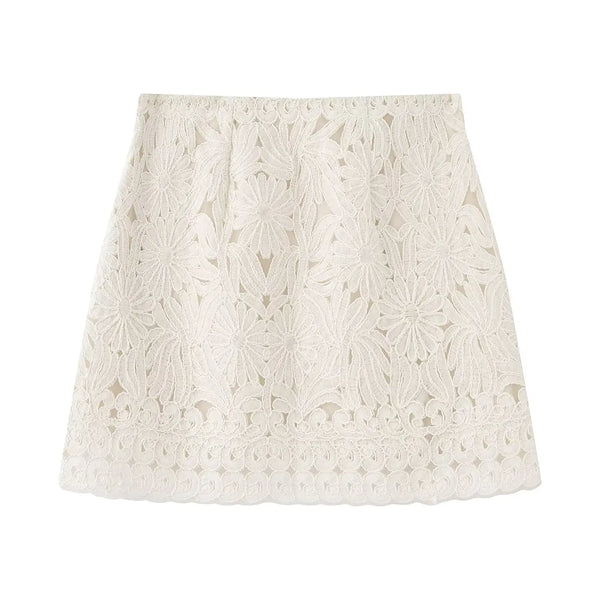 Evangelina Embroidered Lace Bell-Sleeve Tie-Neck Blouse & Mini Skirt Two-piece