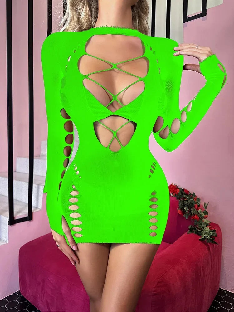 Veronique Long-Sleeve Lace-Up Cutout Fishnet Bodycon Lingerie Mini Dress