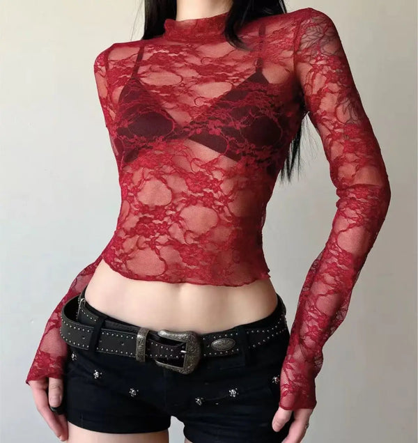 Sexy Lace Blouse Shirts Summer Women Turtleneck Long Sleeve See Through Lace Patchwork Thin Tops XXNWQ-NWMCT01609
