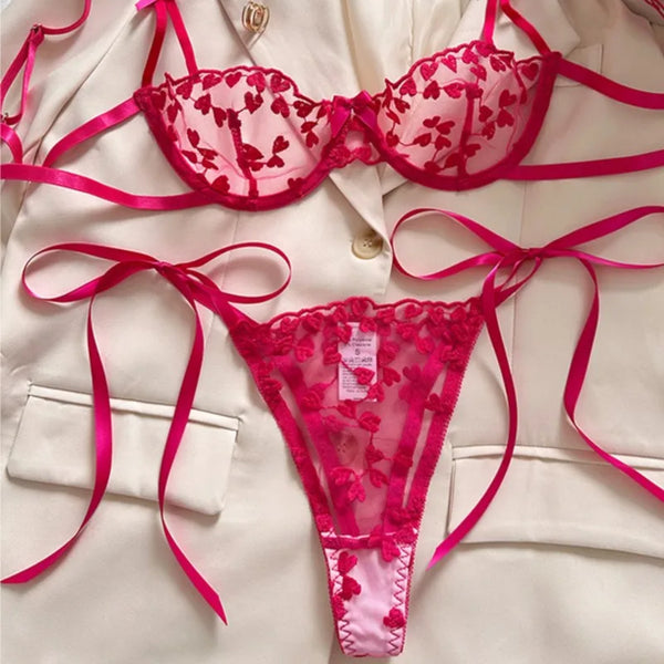 Zelinda Heart Embroidered Sheer Mesh Strappy Underwire Bra & Tie Thong Lingerie Two-piece