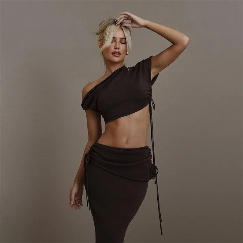 Briana Asymmetrical Drawstring Midi Skirt Set Two-piece