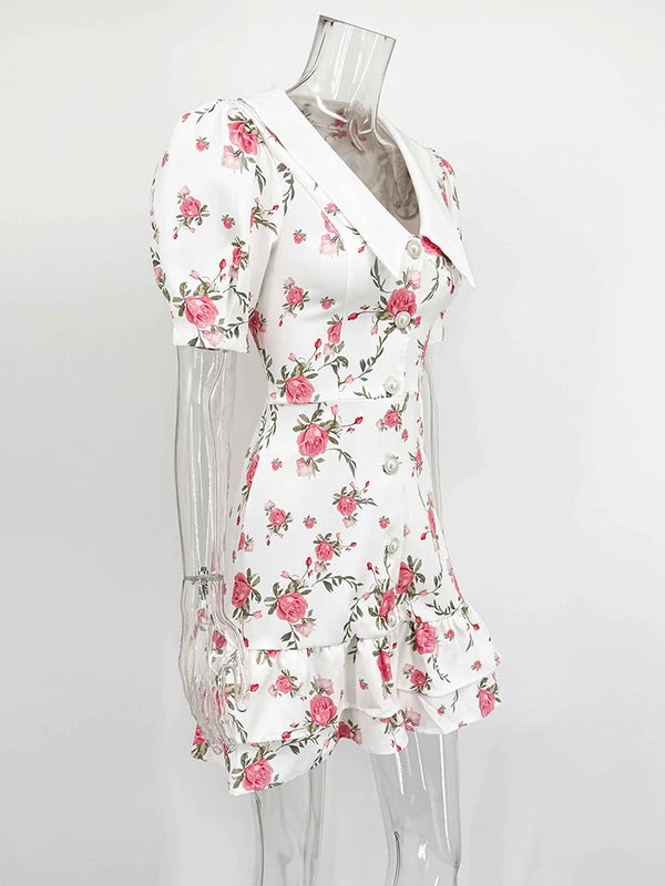 Gisella Floral Collared Puff-Sleeve Pearl-Button Ruffle Mini Dress
