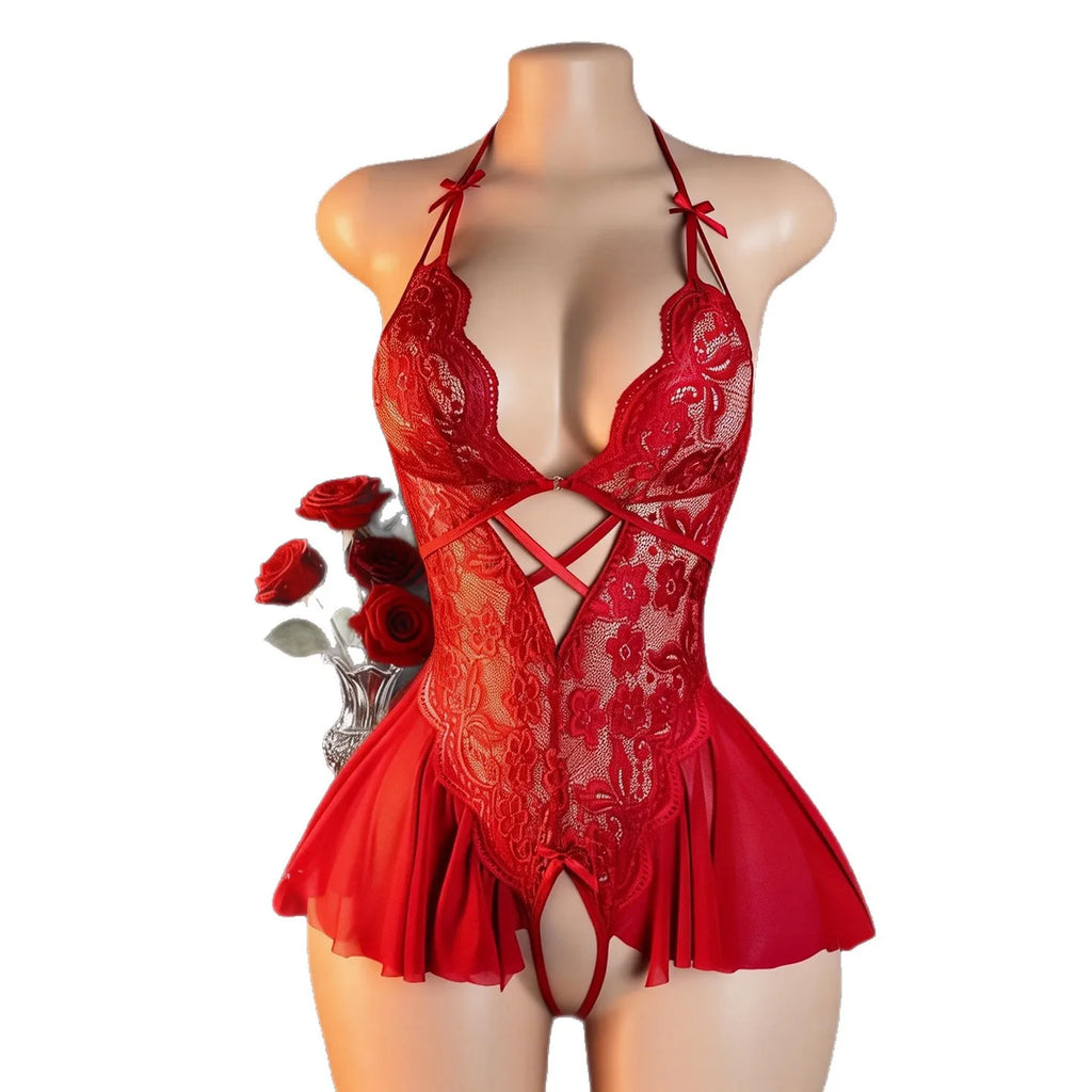 Clotilde Floral Lace Halter Peplum Lingerie Teddy