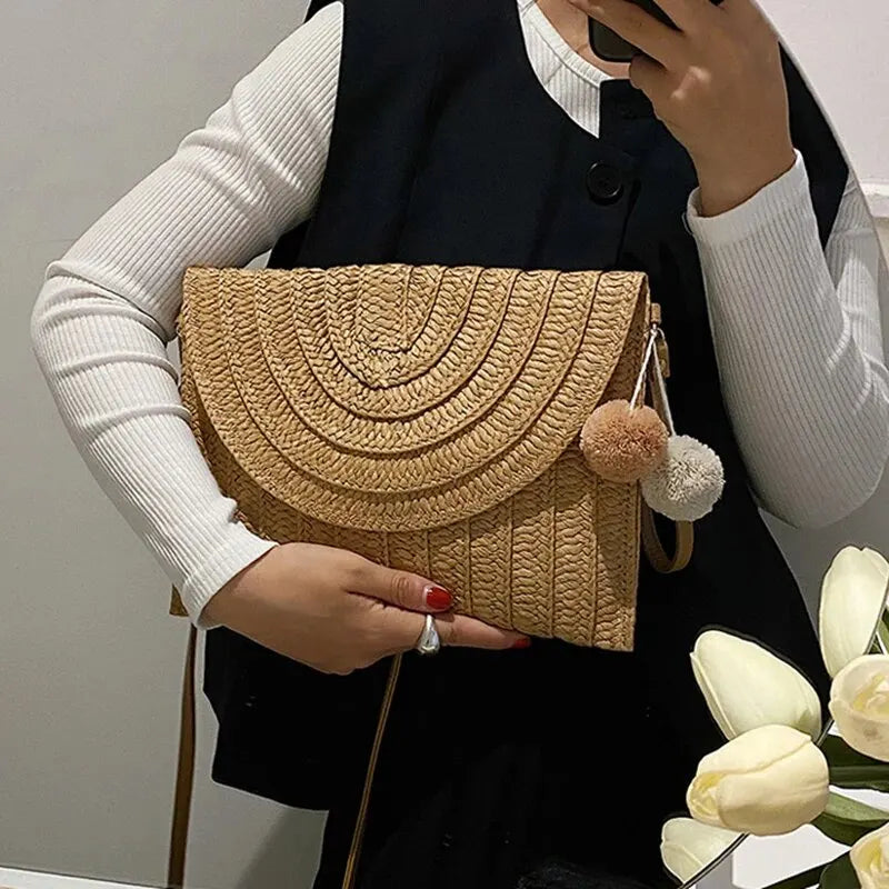 Soleil Woven Straw Envelope Crossbody Bag