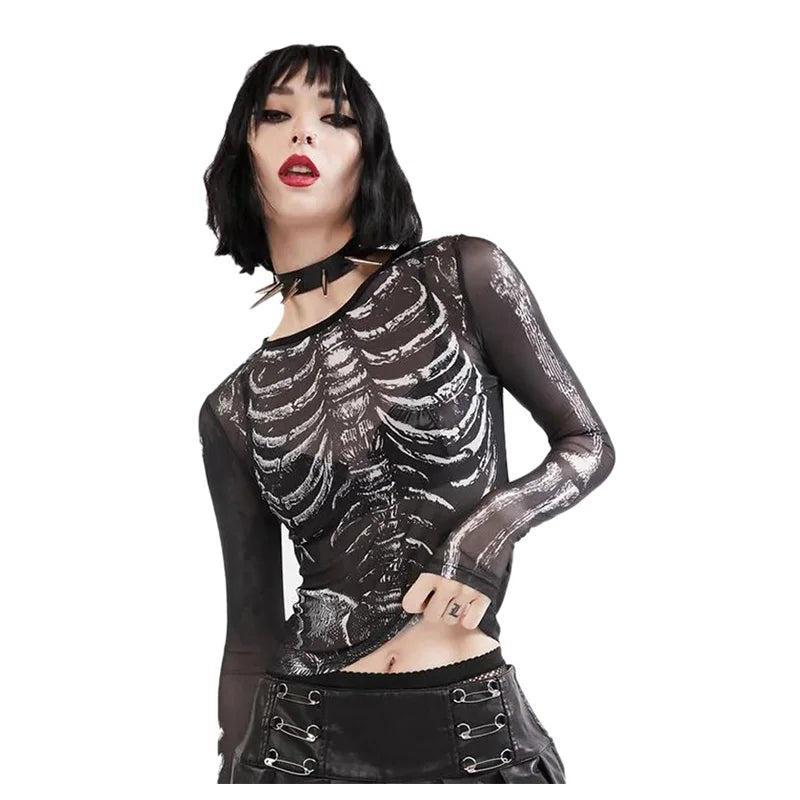 Morticia Skeleton Print Sheer Mesh Long-Sleeve Top One-piece