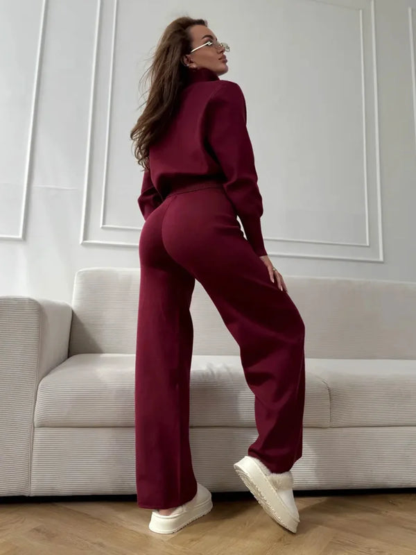 Sigourney Knit Zip-Up Cropped Cardigan & Wide-Leg Pants Two-Piece Set