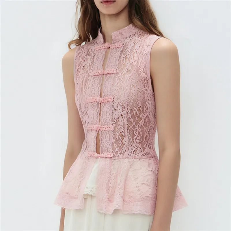 Mina Sheer Lace Mandarin Collar Peplum Top