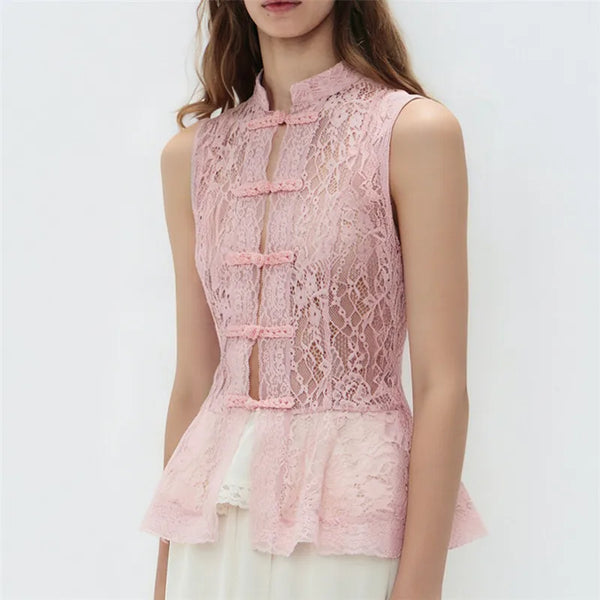Mina Sheer Lace Mandarin Collar Peplum Top