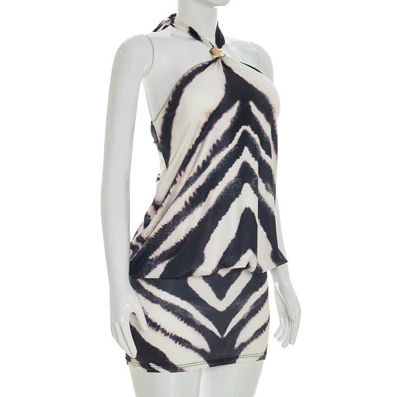 Zephyra Zebra Halter Backless Bodycon Mini Dress