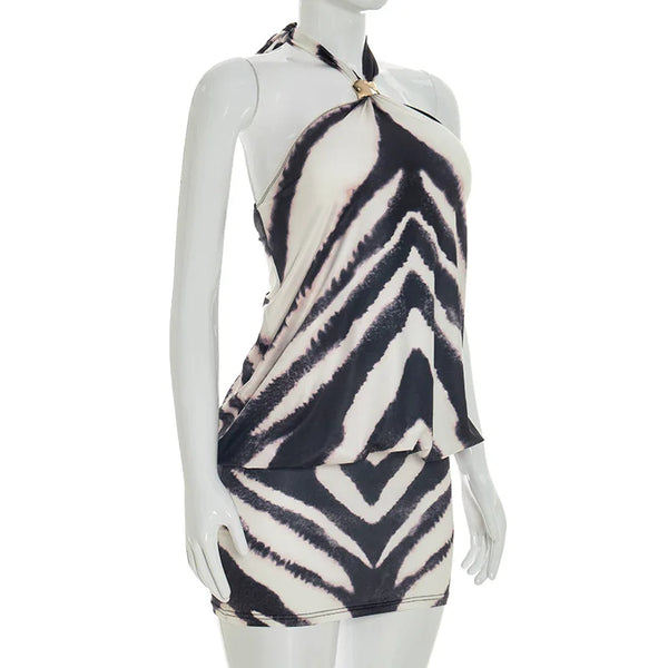 Zephyra Zebra Halter Backless Bodycon Mini Dress
