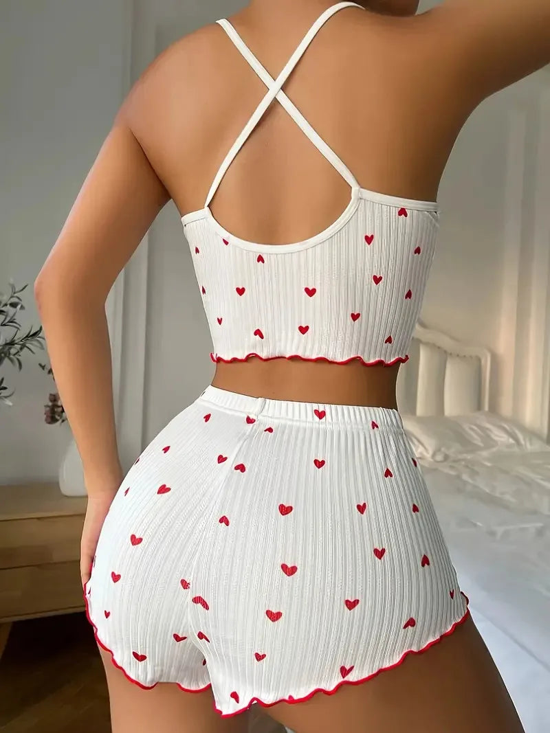 Lacey Heart-Print Ribbed Pajama Two-piece
