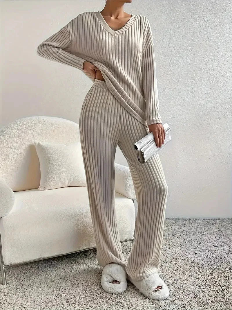 Cordula Ribbed Knit V-Neck Sweater & Wide-Leg Trousers Two-piece