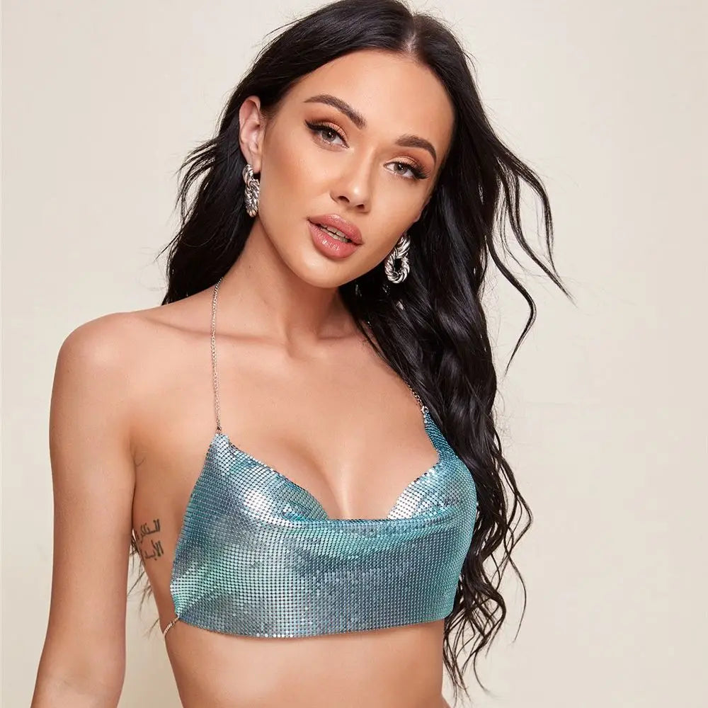 Electra Metallic Sequin Halter Backless Crop Top One-piece