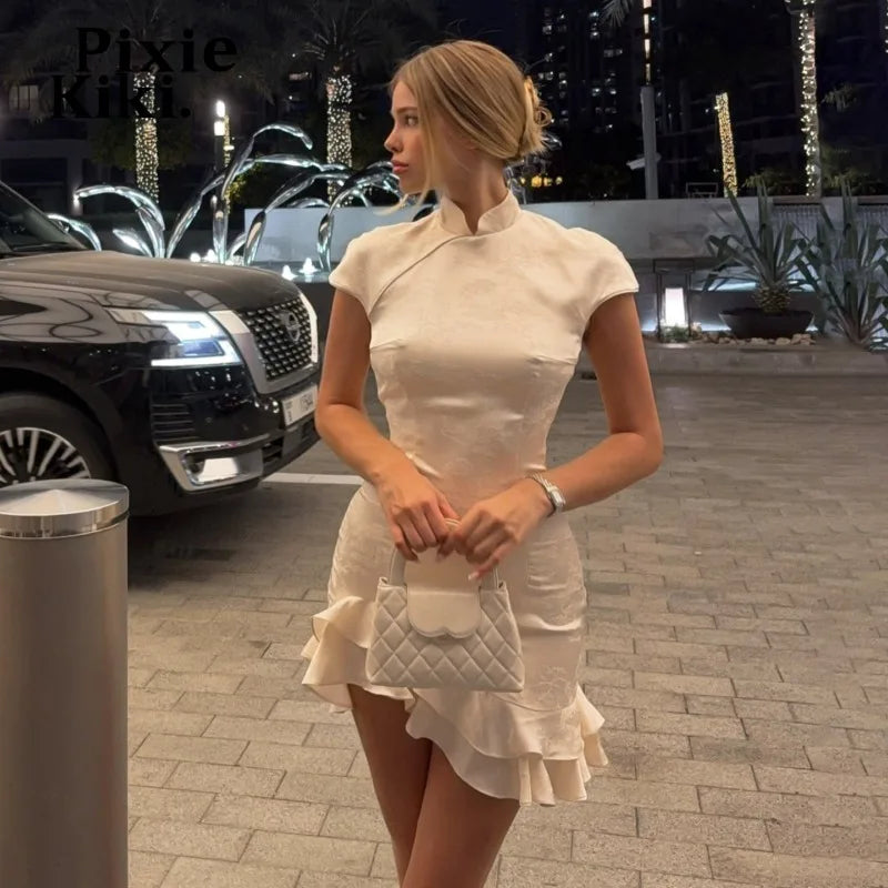 PixieKiki Chinese Style Jacquard Asymmetric Ruffle Mini Dress Elegant Vintage Cheongsam Summer Dresses for Woman P56-GD14