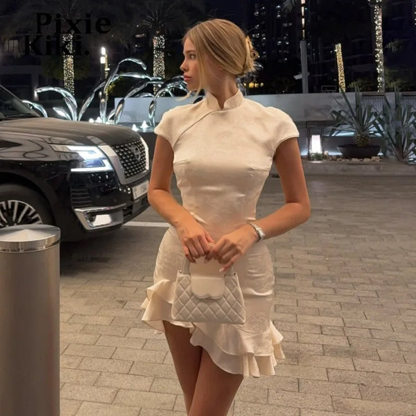 PixieKiki Chinese Style Jacquard Asymmetric Ruffle Mini Dress Elegant Vintage Cheongsam Summer Dresses for Woman P56-GD14