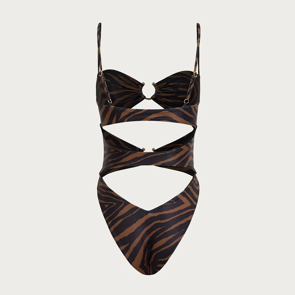 One Piece Swimsuit 2024 New Print Swimwear Women Hollow Out Bathing Suit Beachwear Push Up Monokini Swim Female