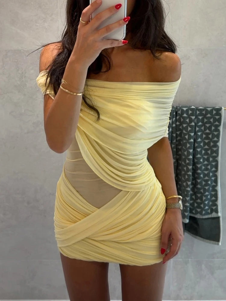 Aveline Yellow Layered Mesh Cutout Maxi Dress