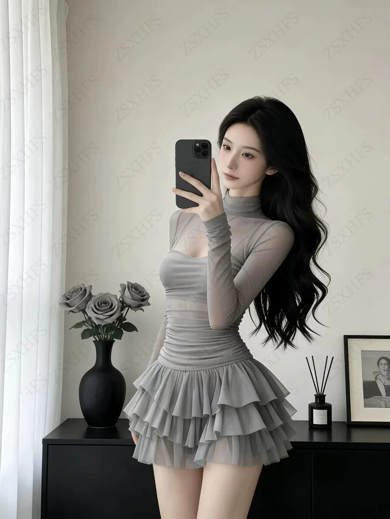 Brielle Sheer Mesh Long-Sleeve Ruched Tiered Ruffle Mini Dress