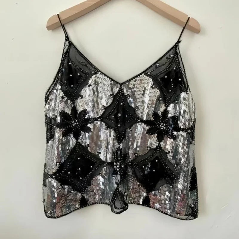 Celestia Noir Sequin Mesh Cami Top One-piece