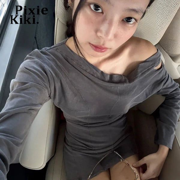 PixieKiki Jennie One Shoulder Long Sleeve Mini Dress Fashion Sexy Asymmetrical Grey Dresses 2025 Woman Fall Clothes P71-DF32