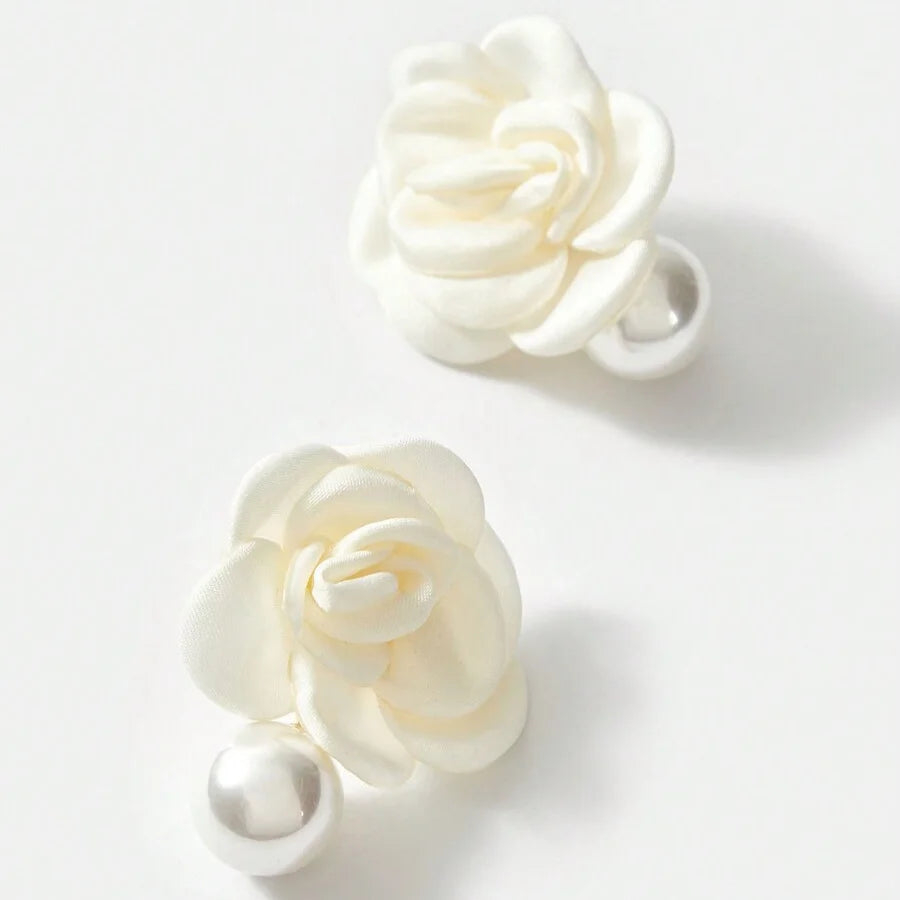 Liliane Ivory Fabric Rose Faux Pearl Drop Earrings