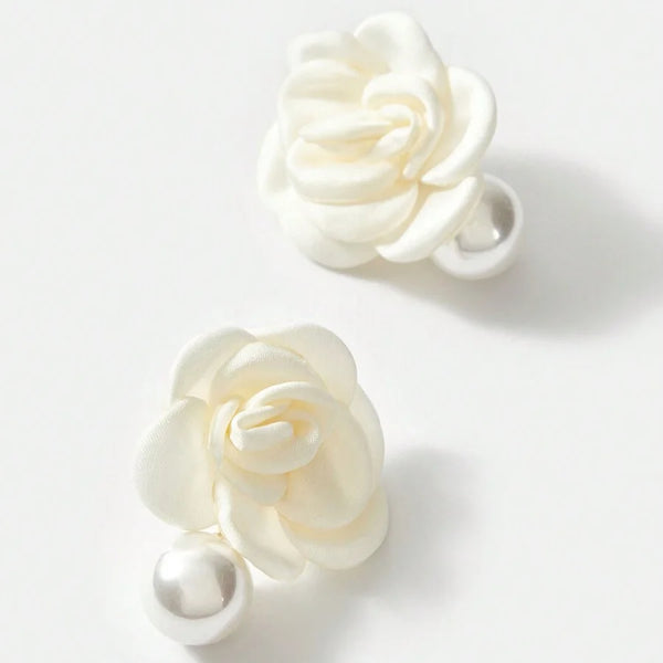 Liliane Ivory Fabric Rose Faux Pearl Drop Earrings