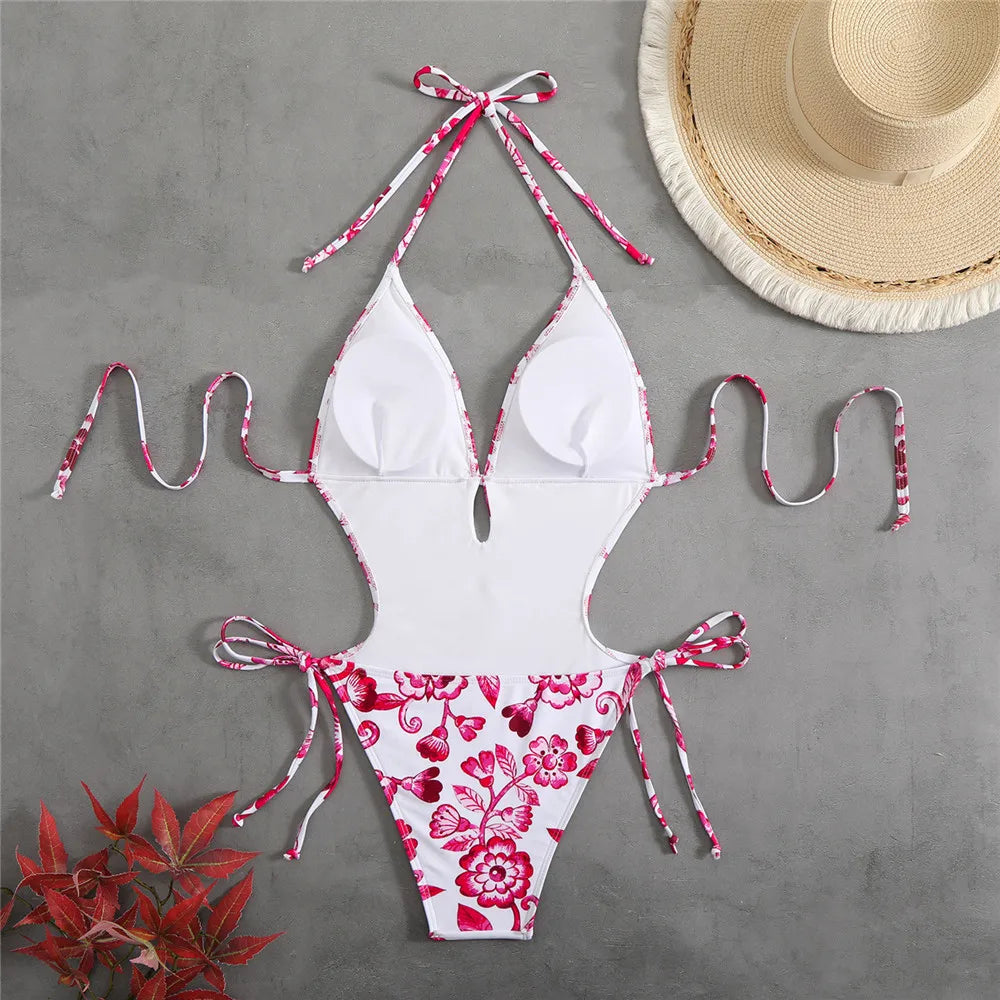 Ingrith Vintage Floral String Halter Cutout Backless One-Piece Swimsuit