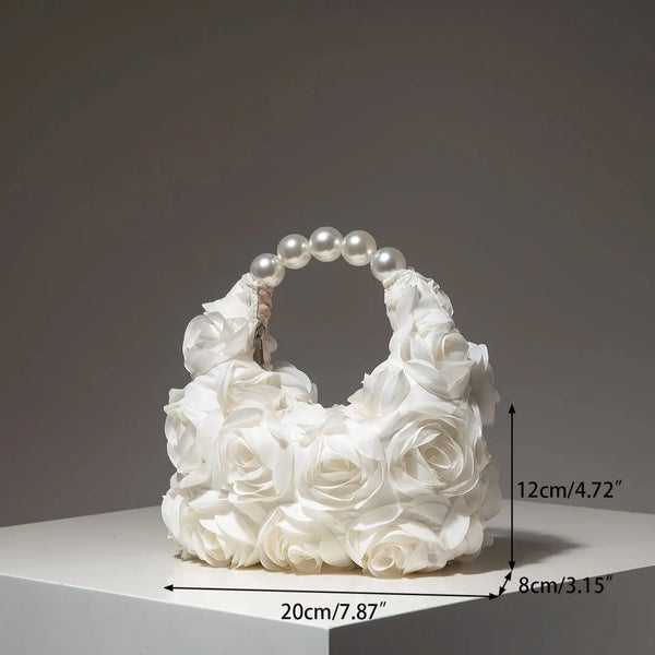 Rosalind Satin Rosette Pearl-Handle Half-Moon Evening Bag