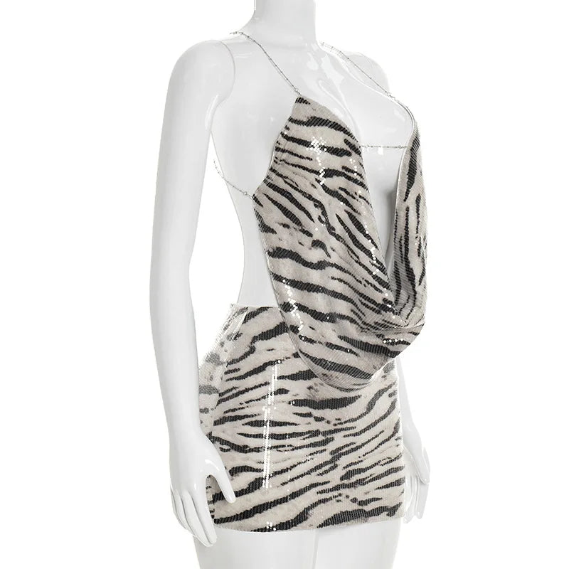 Zahara Zebra-Sequin Backless Mini Skirt Set Two-piece