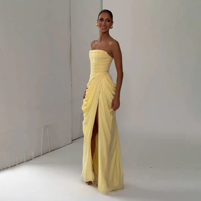 Marisol Strapless Pleated Split Maxi Dress