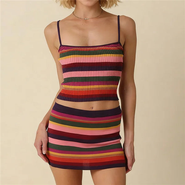 hirigin Womens Rainbow Stripe Ribbed Knit 2 Piece Outfit Spaghetti Strap Crop Top+Mini Skirt Set Bodycon Summer CasualStreetwear