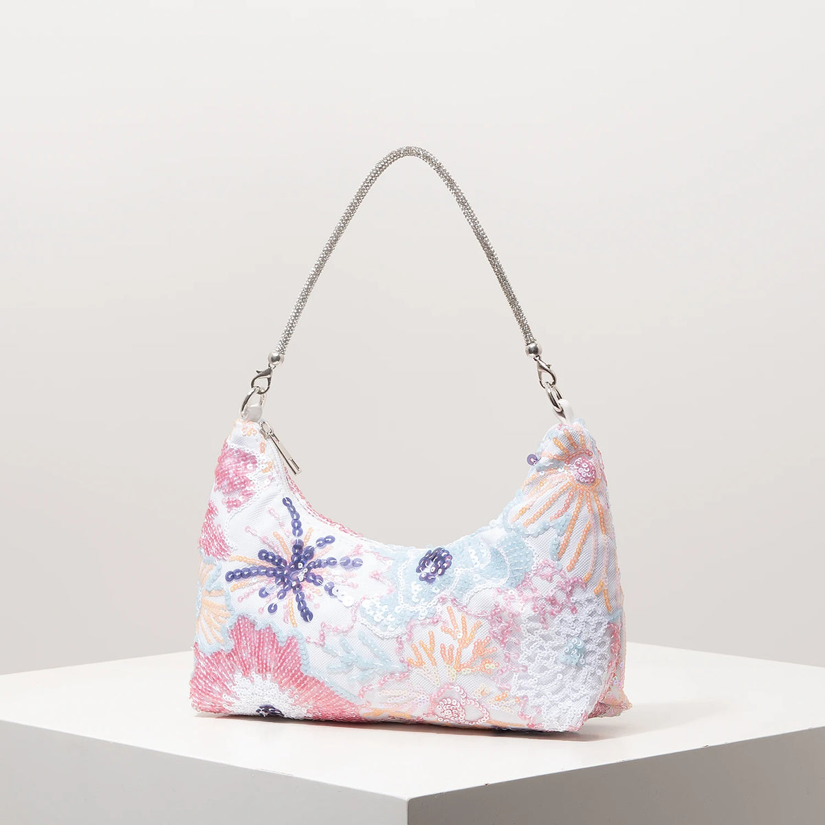 Florentina Floral Sequin Embroidered Half-Moon Shoulder Bag