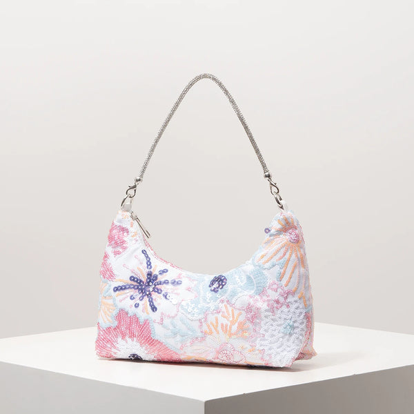 Florentina Floral Sequin Embroidered Half-Moon Shoulder Bag