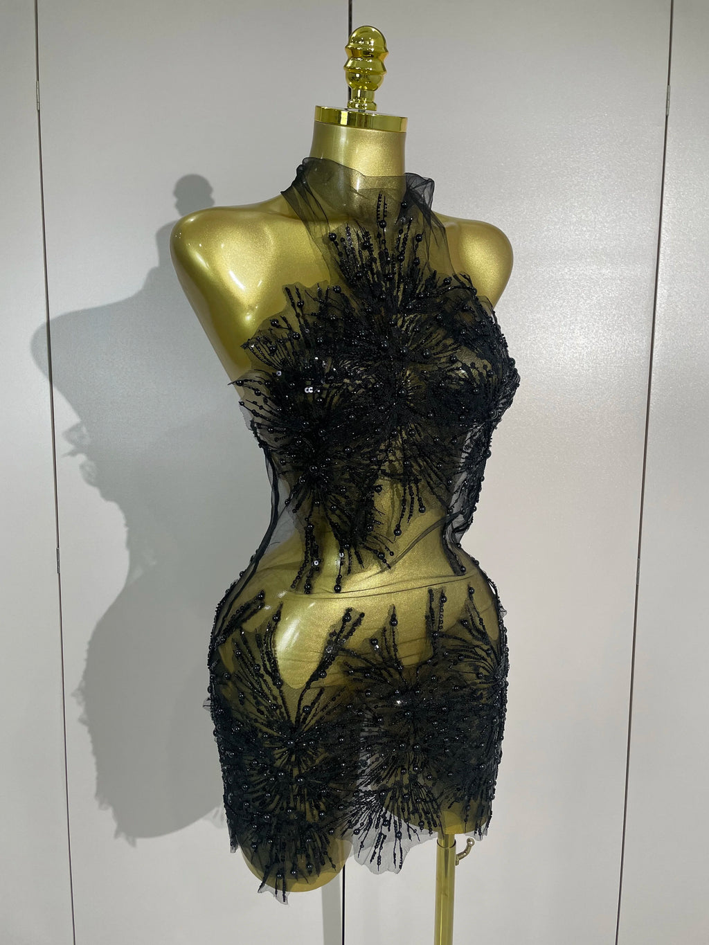 Zahara Pearl Appliqué Sheer Mesh Mini Dress