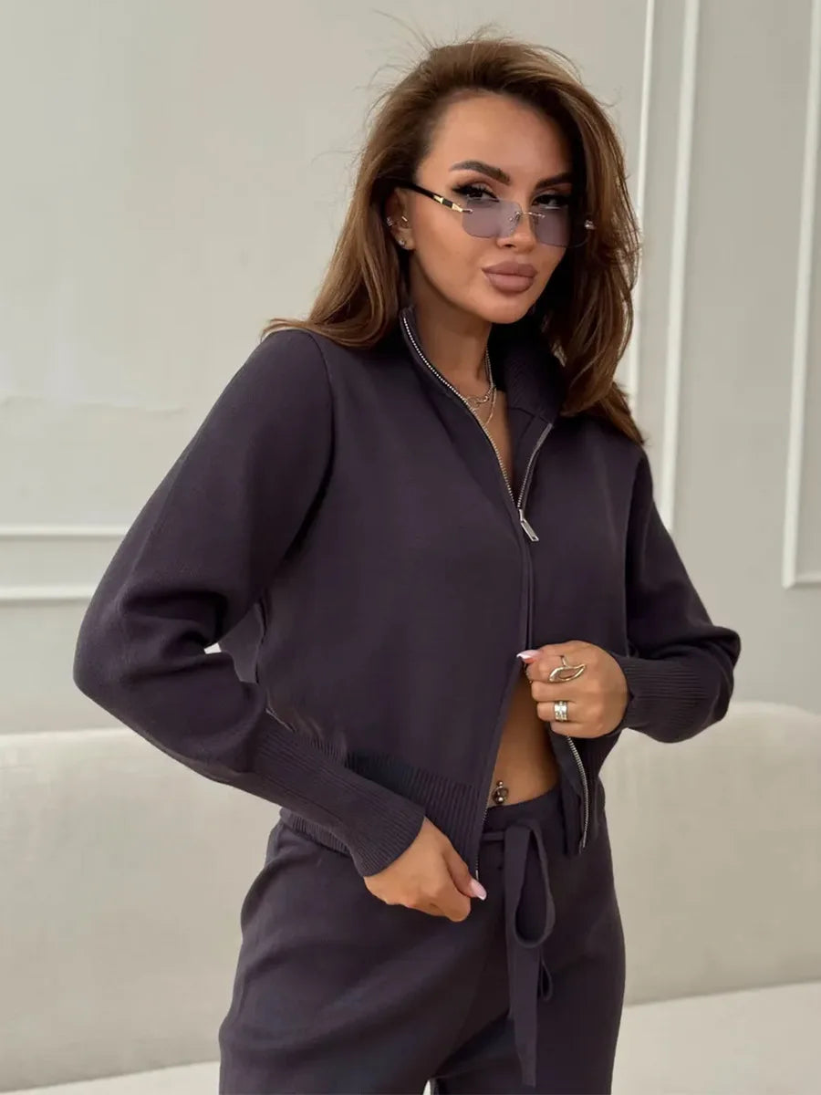 Sigourney Knit Zip-Up Cropped Cardigan & Wide-Leg Pants Two-Piece Set
