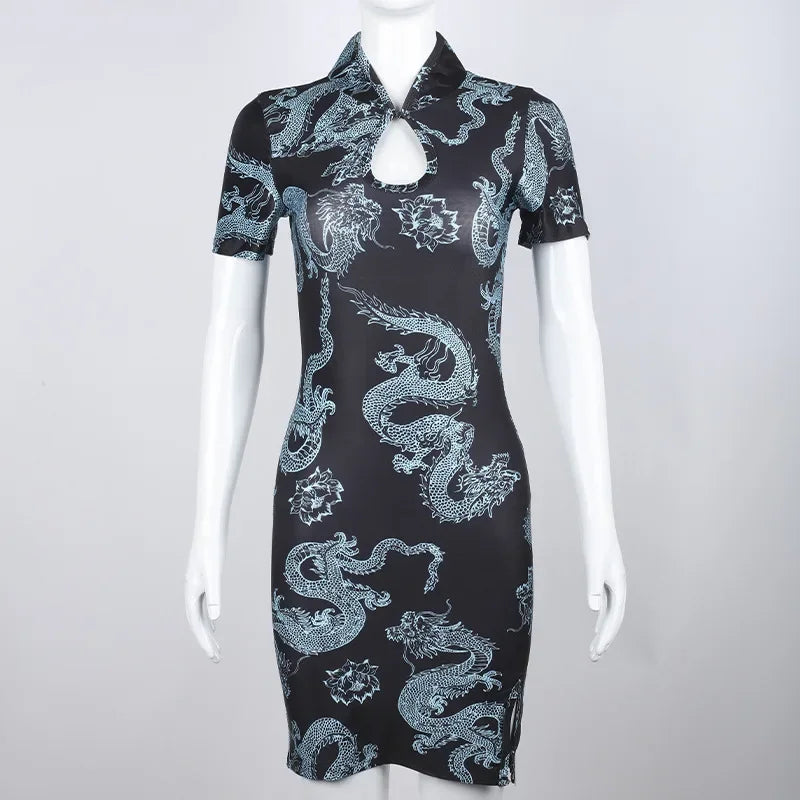 Xiaolan Dragon Print Keyhole Mandarin-Collar Qipao Bodycon Mini Dress