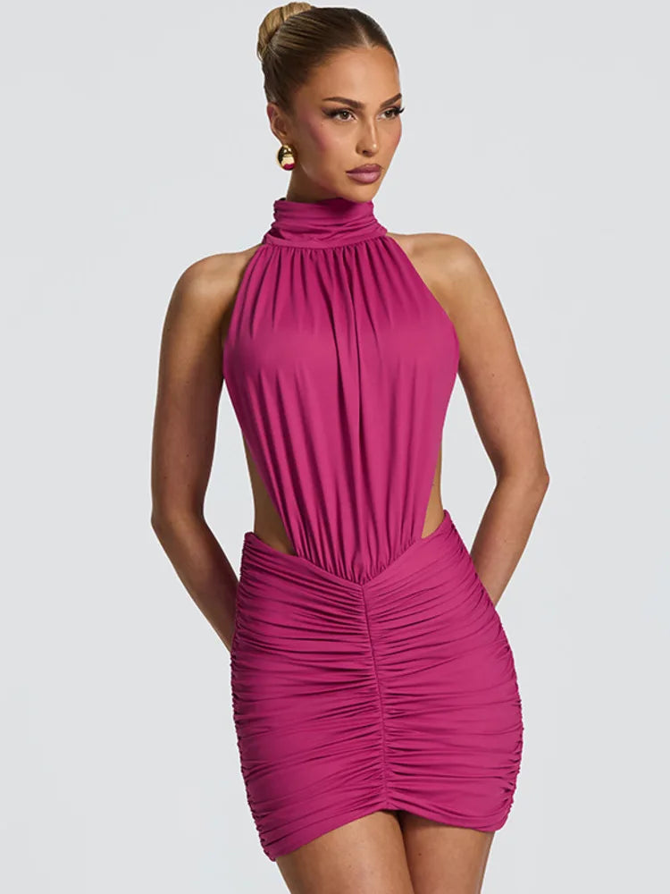 Marcella High-Neck Ruched Backless Mini Dress