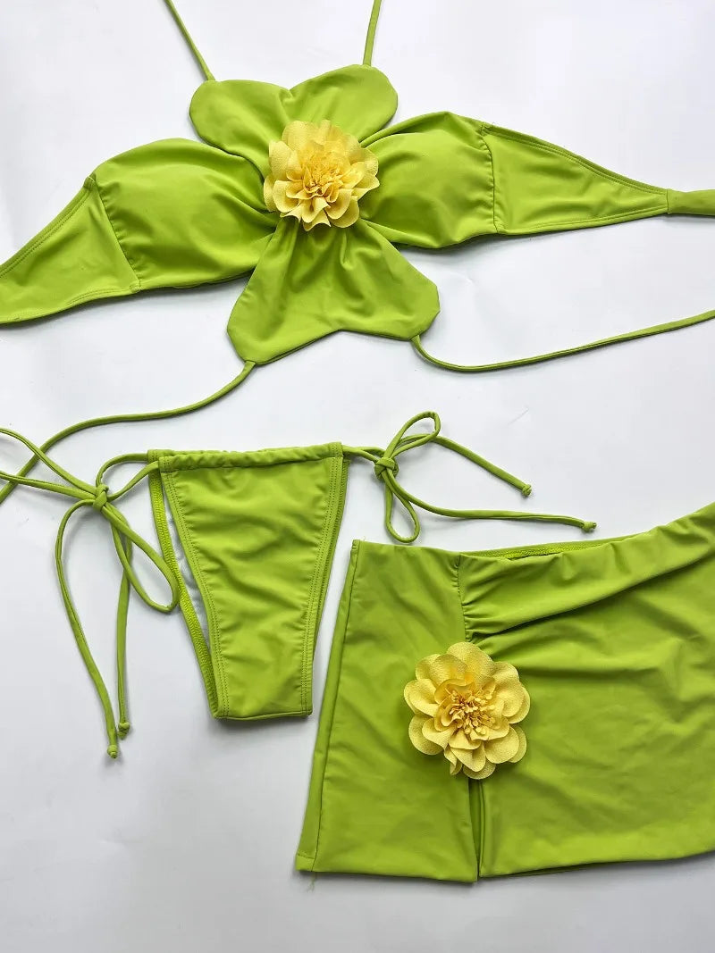Temperance 3D Flower Halter Bikini & Skirt Three-piece