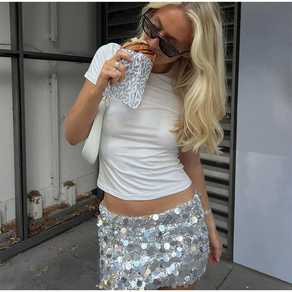 Sexy Sequins Women's Bodycon Mini Skirts Chic High Waist Short A-line Beach Skirt 2026 Spring Summer Lady Y2k Party Club Wear
