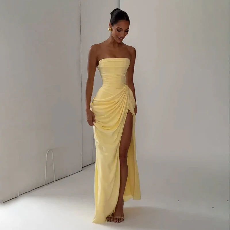 Marisol Strapless Pleated Split Maxi Dress