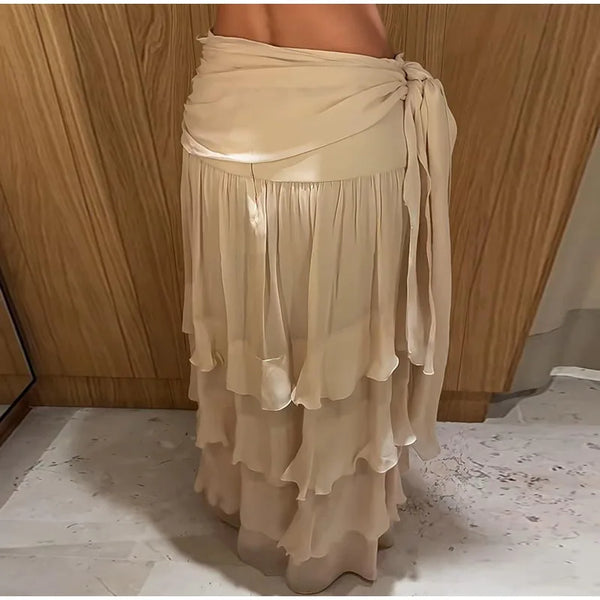 Leokadia Layered Ruffle Tiered Tie-Waist Side-Slit Maxi Skirt One-piece